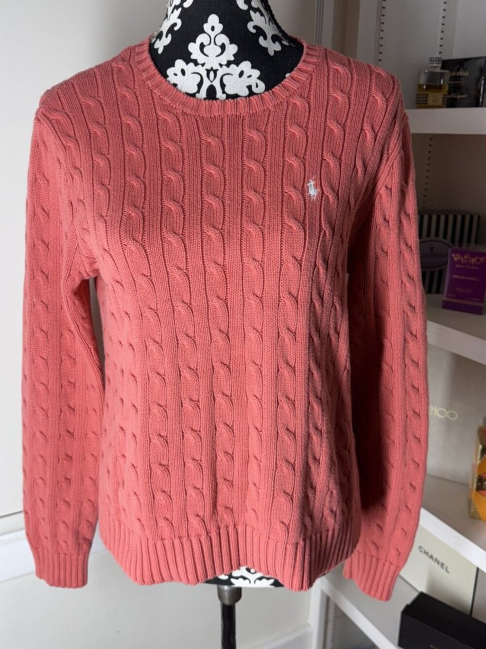 Lauren Ralph Lauren Cable Knit Sweater In Coral Pink Size XLarge Crewneck